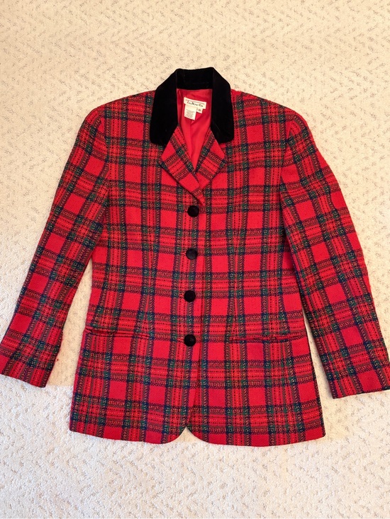 Talbots Jackets & Blazers - Vintage Talbots Red Plaid Tartan Wool Blazer Jacket Size 8 Black Velvet Collar